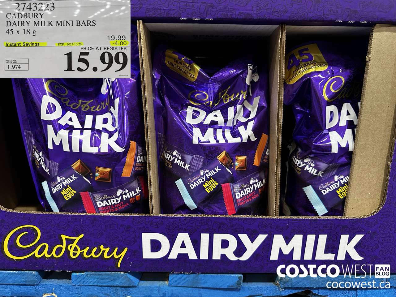 2743223 CADBURY DAIRY MILK MINI BARS 45 X 18 G ($4.00 INSTANT SAVINGS EXPIRES ON 2025-10-26) $15.99