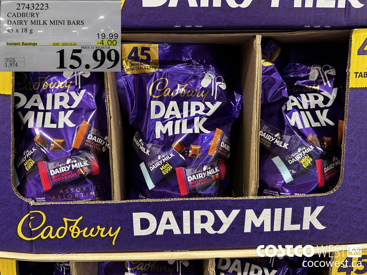 2743223 CADBURY DAIRY MILK MINI BARS 45 X 18 G ($4.00 INSTANT SAVINGS EXPIRES ON 2025-10-26) $15.99