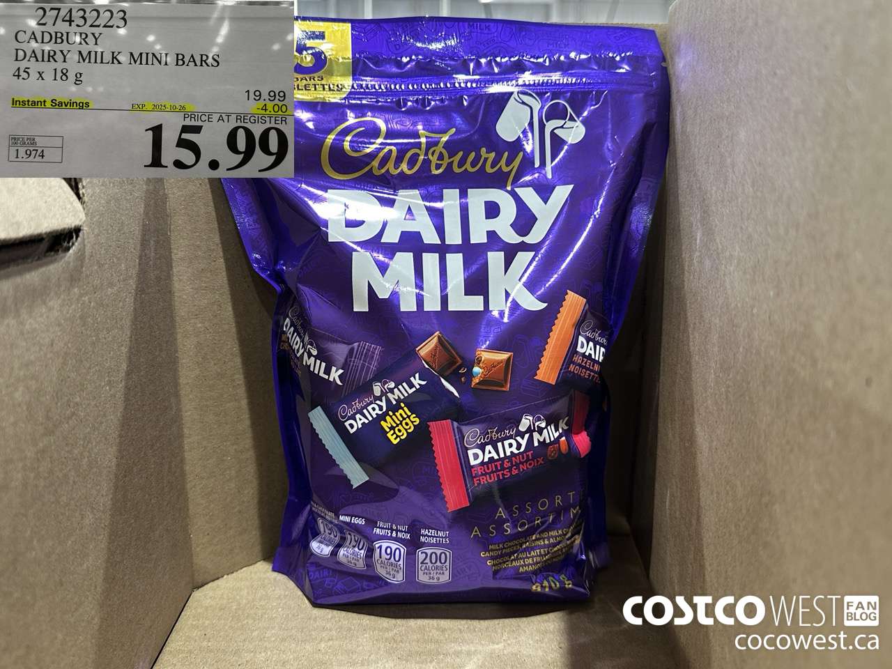 2743223 CADBURY DAIRY MILK MINI BARS 45 X 18 G ($4.00 INSTANT SAVINGS EXPIRES ON 2025-10-26) $15.99
