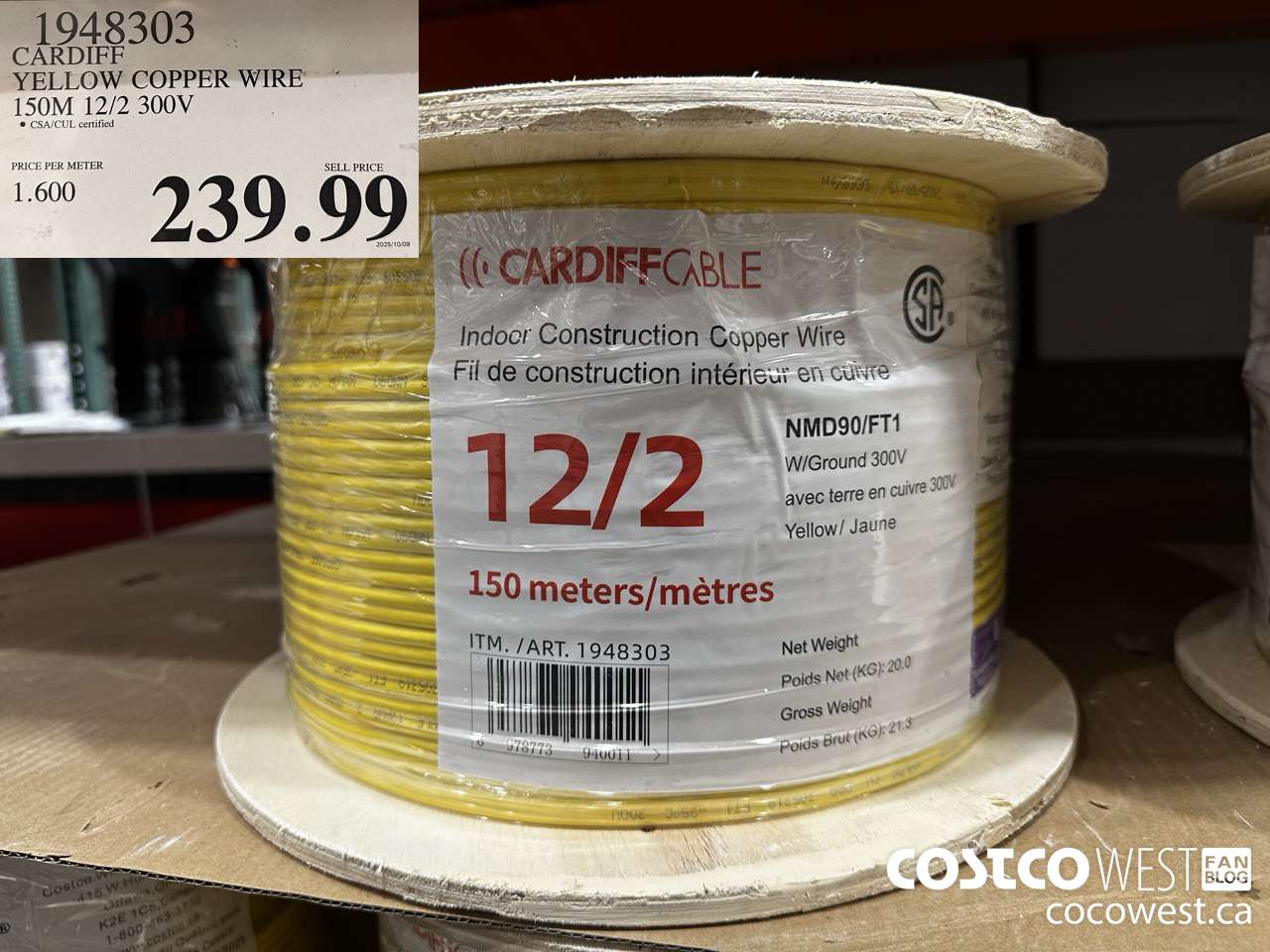 1948303 CARDIFF YELLOW COPPER WIRE 150M 21/2 300V $239.99