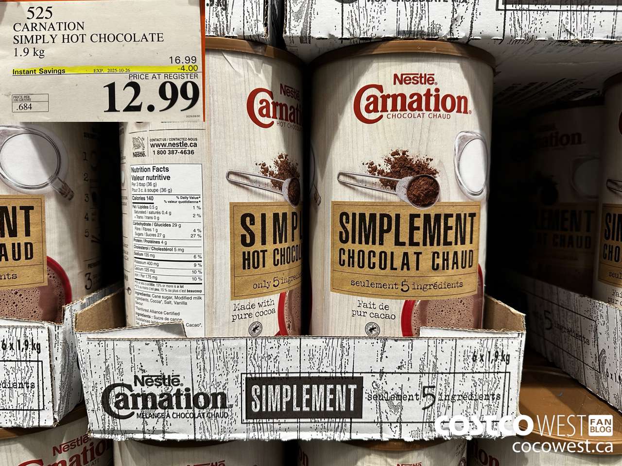 525 CARNATION 5 SIMPLE INGREDIENTS HOT CHOCOLATE 1.9 kg ($4.00 INSTANT SAVINGS EXPIRES ON 2025-10-26) $12.99