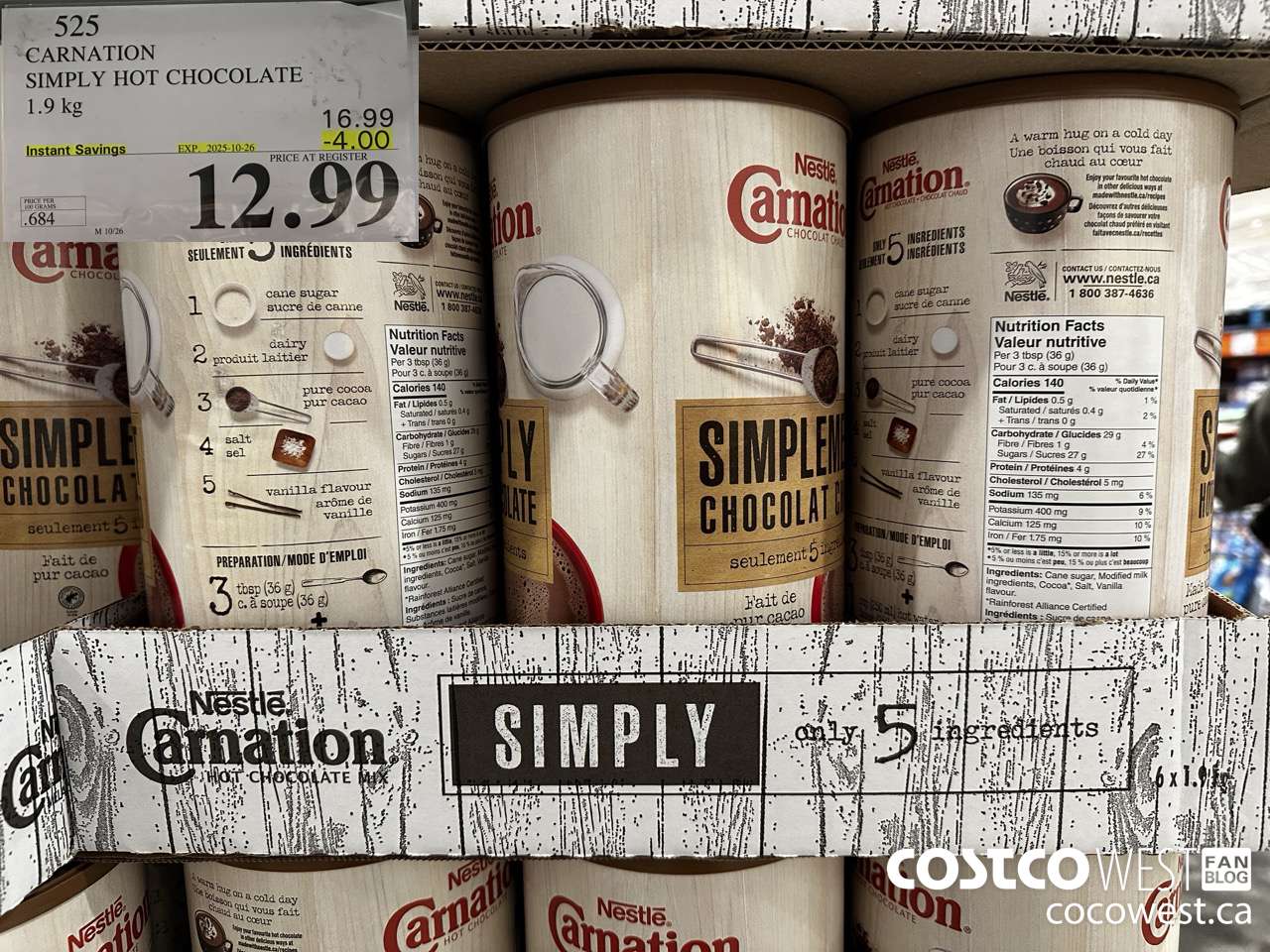 525 CARNATION 5 SIMPLE INGREDIENTS HOT CHOCOLATE 1.9 kg ($4.00 INSTANT SAVINGS EXPIRES ON 2025-10-26) $12.99