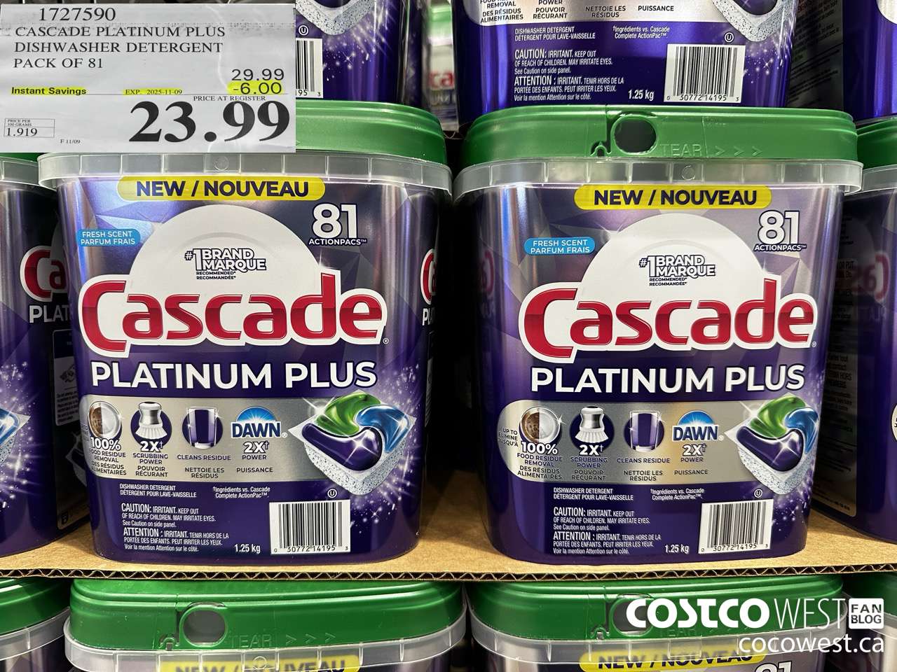 1727590 CASCADE PLATINUM PLUS DISHWASHER DETERGENT 81 TABS ($6.00 INSTANT SAVINGS EXPIRES ON 2025-11-09) $23.99