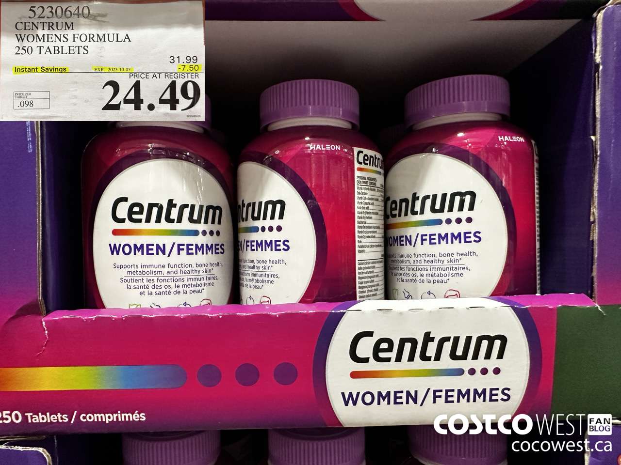 5230640 CENTRUM WOMEN 250 TABLETS ($7.50 INSTANT SAVINGS EXPIRES ON 2025-10-05) $24.49