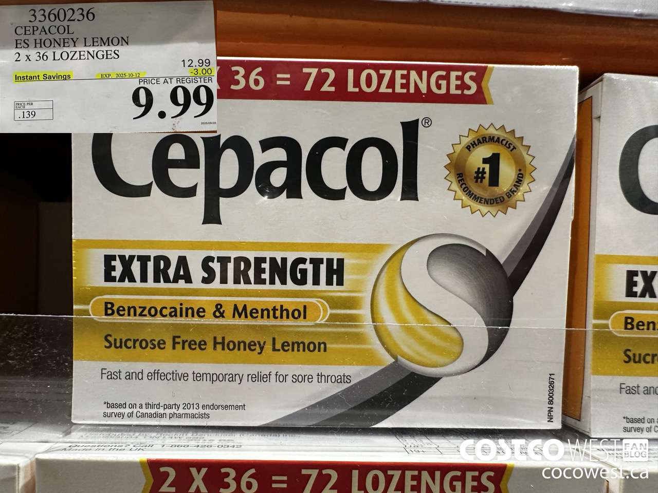 3360236 CEPACOL ES HONEY LEMON 2 X 36 LOZANGES ($3.00 INSTANT SAVINGS EXPIRES ON 2025-10-12) $9.99