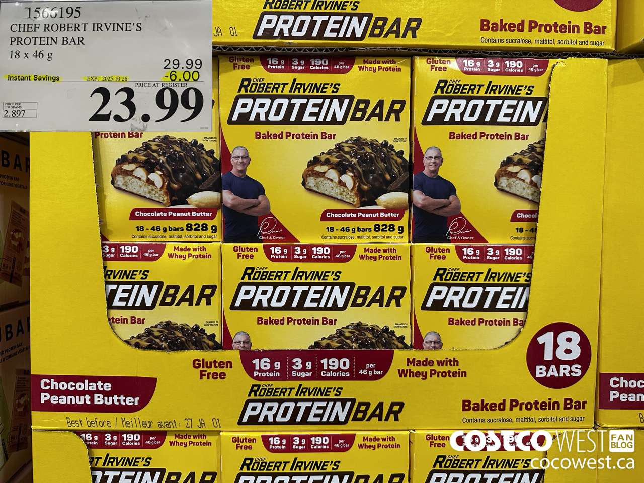 1566195 CHEF ROBERT IRVINE'S PROTEIN BAR 18 X 46G ($6.00 INSTANT SAVINGS EXPIRES ON 2025-10-26) $23.99