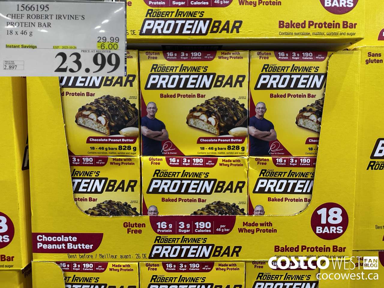 1566195 CHEF ROBERT IRVINE'S PROTEIN BAR 18 X 46G ($6.00 INSTANT SAVINGS EXPIRES ON 2025-10-26) $23.99