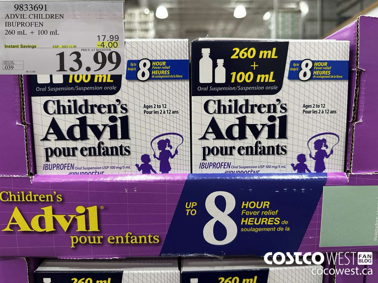 9833691 CHILDREN'S ADVIL ORAL SUSPENSION IBUPROFEN 260+100ML ($4.00 INSTANT SAVINGS EXPIRES ON 2025-11-09) $13.99