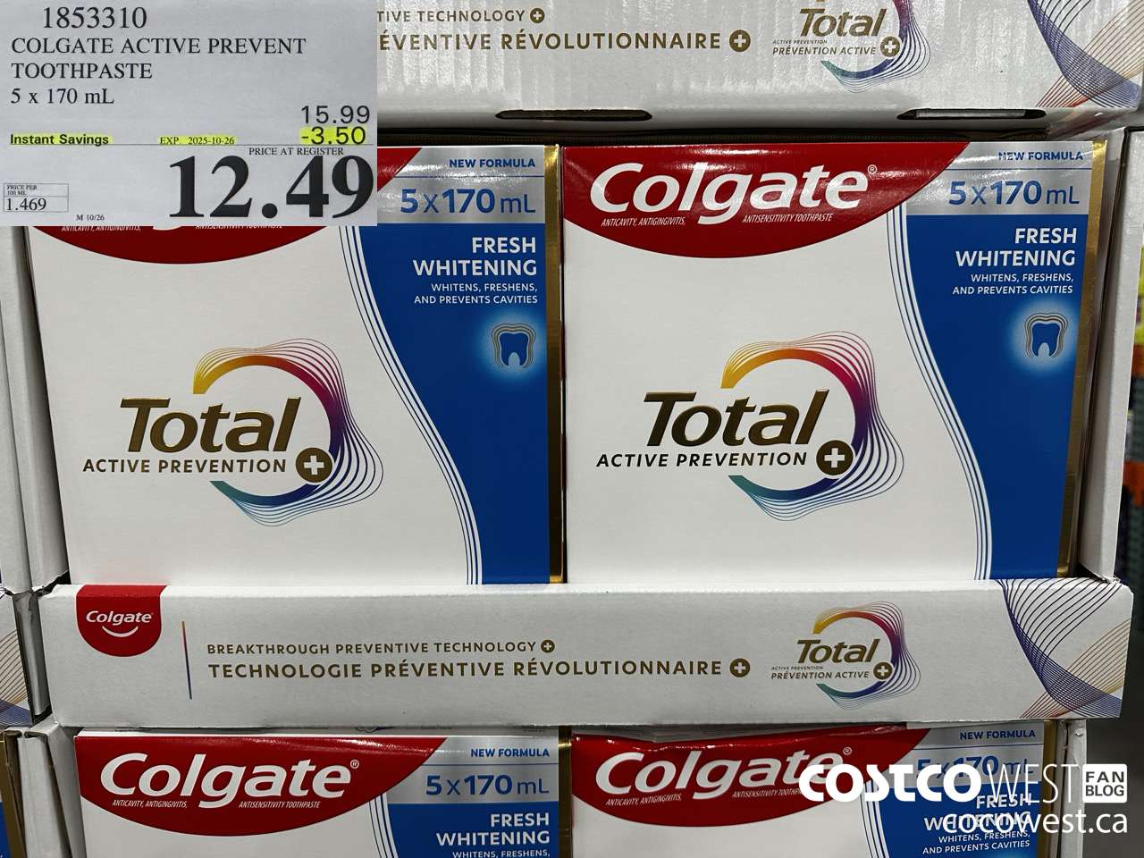 1853310 COLGATE ACTIVE PREVENT TOOTHPASTE 5 X 170ML ($3.50 INSTANT SAVINGS EXPIRES ON 2025-10-26) $12.49