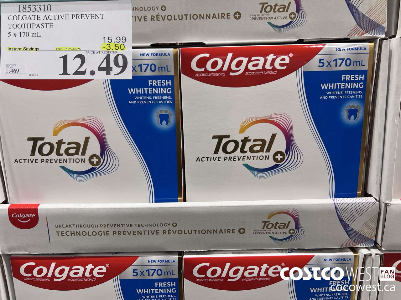 1853310 COLGATE ACTIVE PREVENT TOOTHPASTE 5 X 170ML ($3.50 INSTANT SAVINGS EXPIRES ON 2025-10-26) $12.49