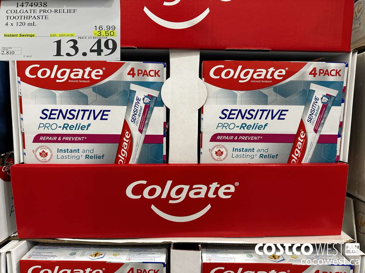 1474938 COLGATE PRO-RELIEF TOOTHPASTE 4 x 120 mL ($3.50 INSTANT SAVINGS EXPIRES ON 2025-10-26) $13.49