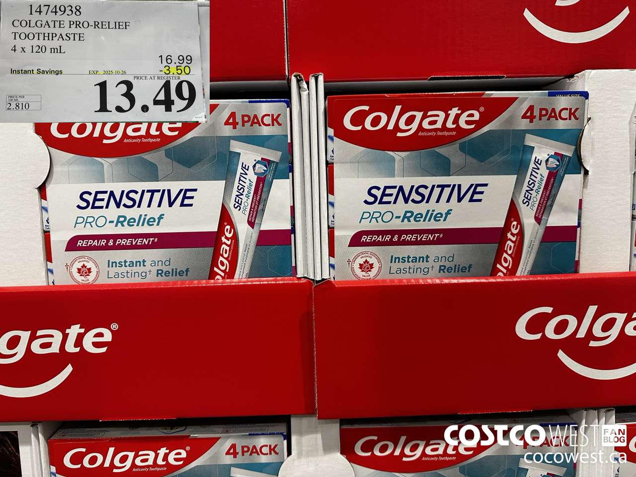 1474938 COLGATE PRO-RELIEF TOOTHPASTE 4 x 120 mL ($3.50 INSTANT SAVINGS EXPIRES ON 2025-10-26) $13.49