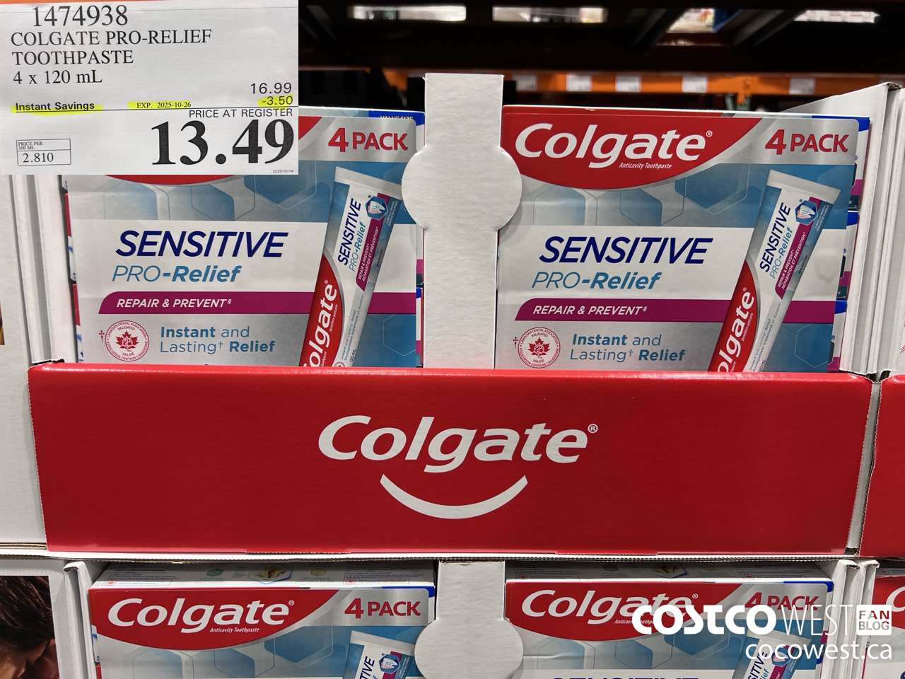 1474938 COLGATE PRO-RELIEF TOOTHPASTE 4 x 120 mL ($3.50 INSTANT SAVINGS EXPIRES ON 2025-10-26) $13.49
