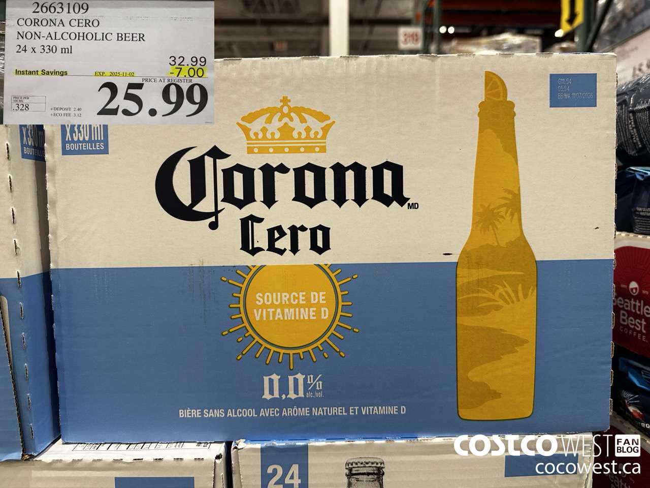 2663109 CORONA CERO NON-ALCOHOLIC BEER 24 X 330ML ($7.00 INSTANT SAVINGS EXPIRES ON 2025-11-02) $25.99