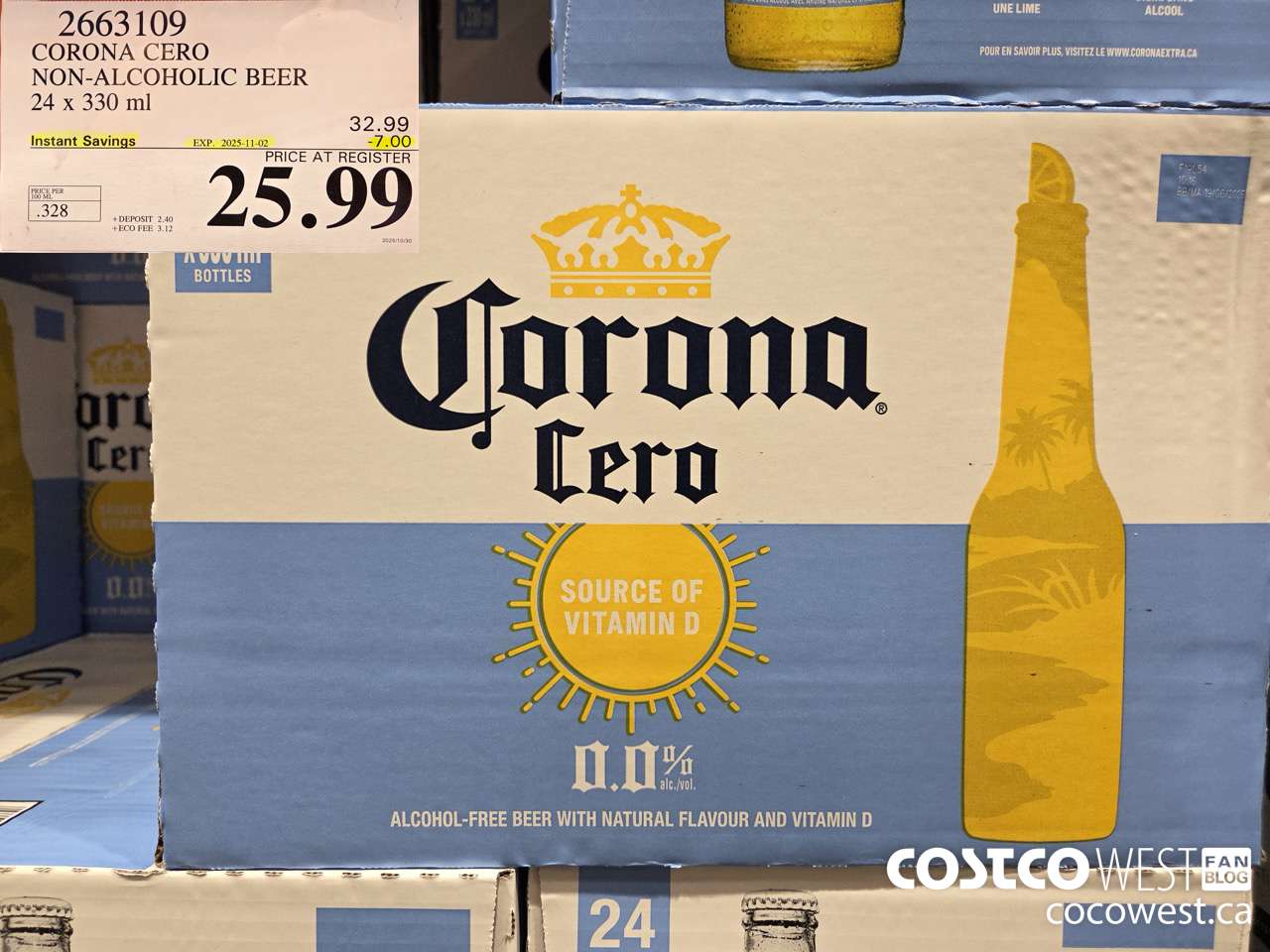2663109 CORONA CERO NON-ALCOHOLIC BEER 24 X 330ML ($7.00 INSTANT SAVINGS EXPIRES ON 2025-11-02) $25.99