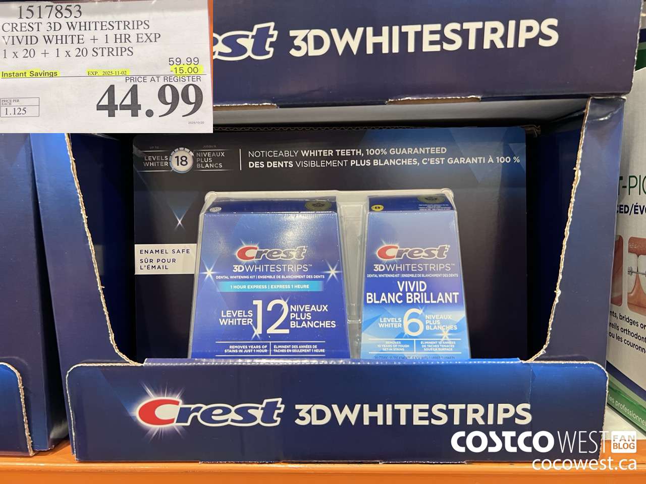 1517853 CREST 3D WHITESTRIPS VIVID WHITE + 1 HR EXP 1 x 20 + 1 x 20 STRIPS ($15.00 INSTANT SAVINGS EXPIRES ON 2025-11-02) $44.99