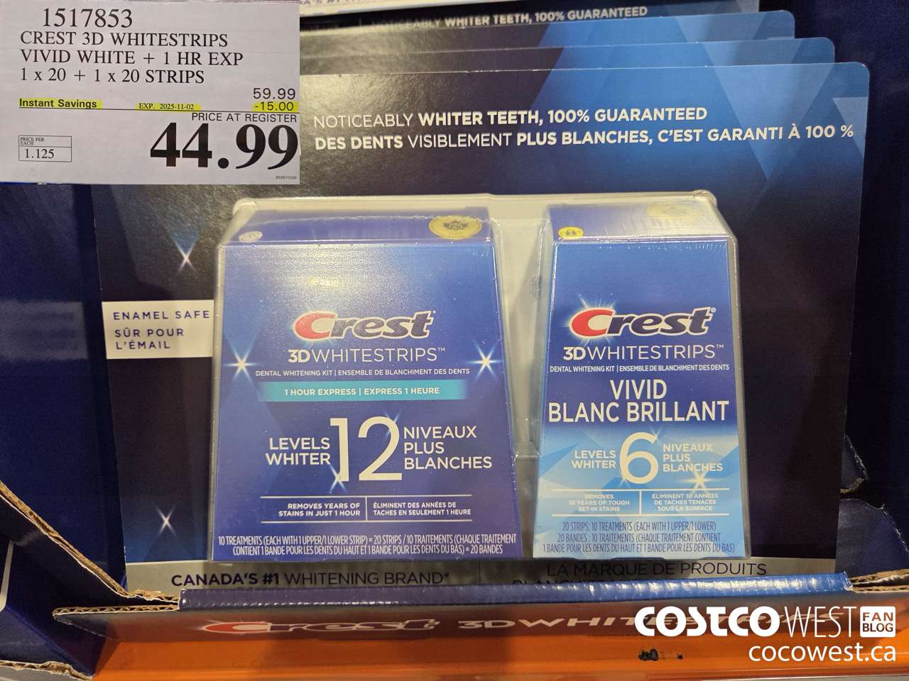 1517853 CREST 3D WHITESTRIPS VIVID WHITE + 1 HR EXP 1 x 20 + 1 x 20 STRIPS ($15.00 INSTANT SAVINGS EXPIRES ON 2025-11-02) $44.99