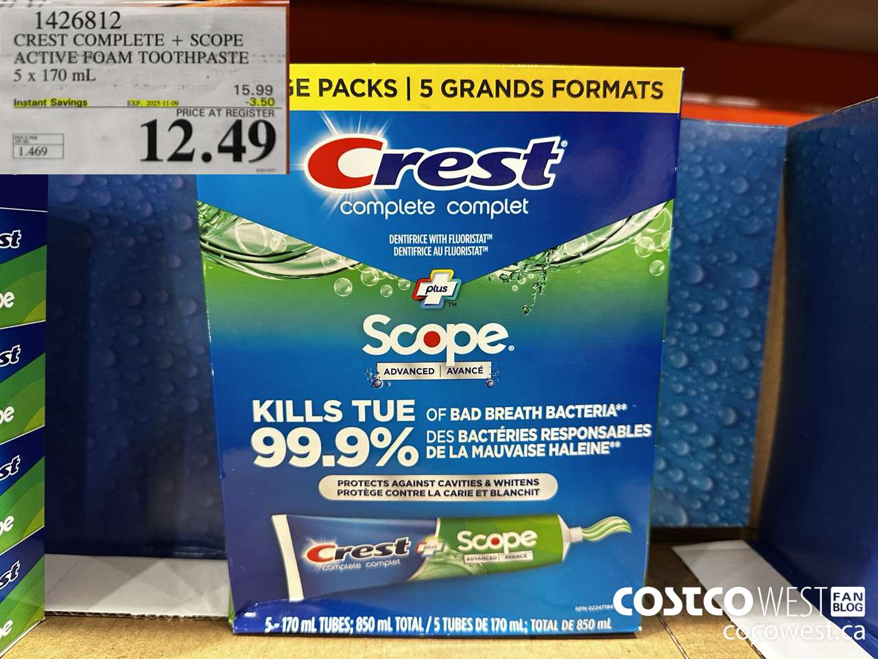 1426812 CREST COMPLETE + SCOPE ACTIVE FOAM TOOTHPASTE 5 x 170ml  ($3.50 INSTANT SAVINGS EXPIRES ON 2025-11-09) $12.49
