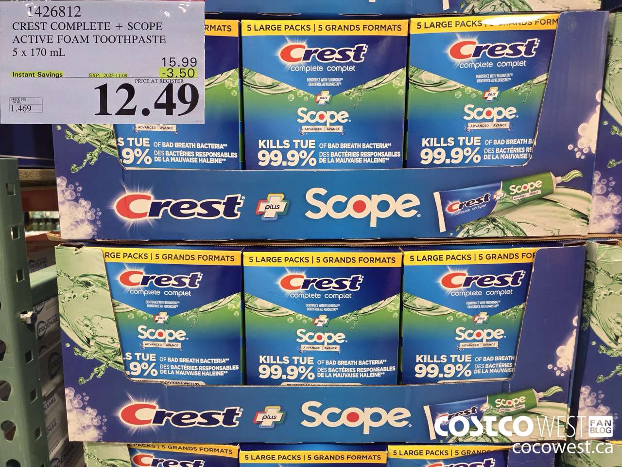 1426812 CREST COMPLETE + SCOPE ACTIVE FOAM TOOTHPASTE 5 x 170ml  ($3.50 INSTANT SAVINGS EXPIRES ON 2025-11-09) $12.49