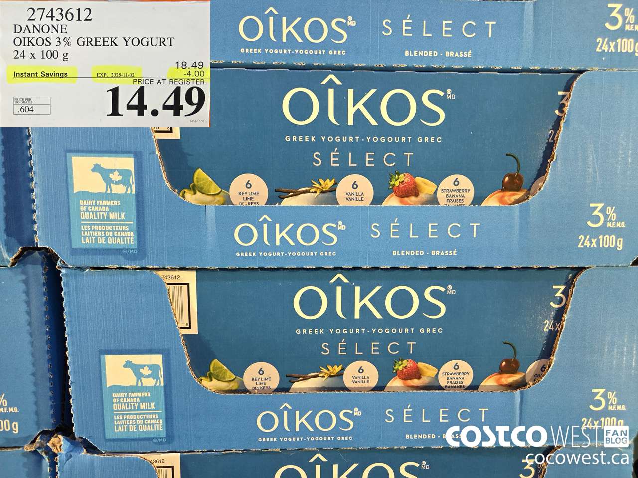 2743612 DANONE OIKOS 3% GREEK YOGURT 24 X 100 G ($4.00 INSTANT SAVINGS EXPIRES ON 2025-11-02) $14.49