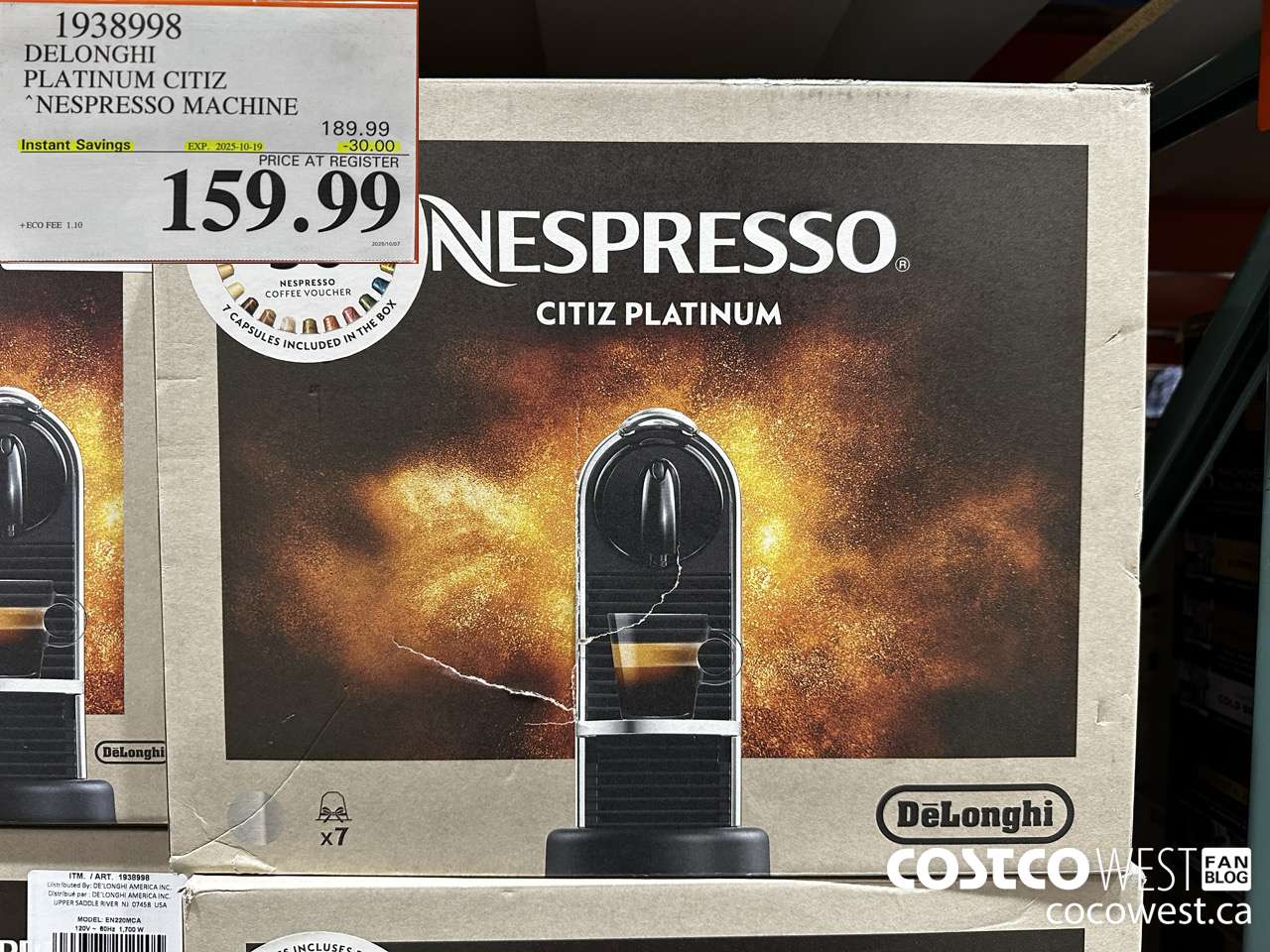 1938998 DELONGHI PLATINUM CITIZ NESPRESSO MACHINE ($30.00 INSTANT SAVINGS EXPIRES ON 2025-10-19) $159.99