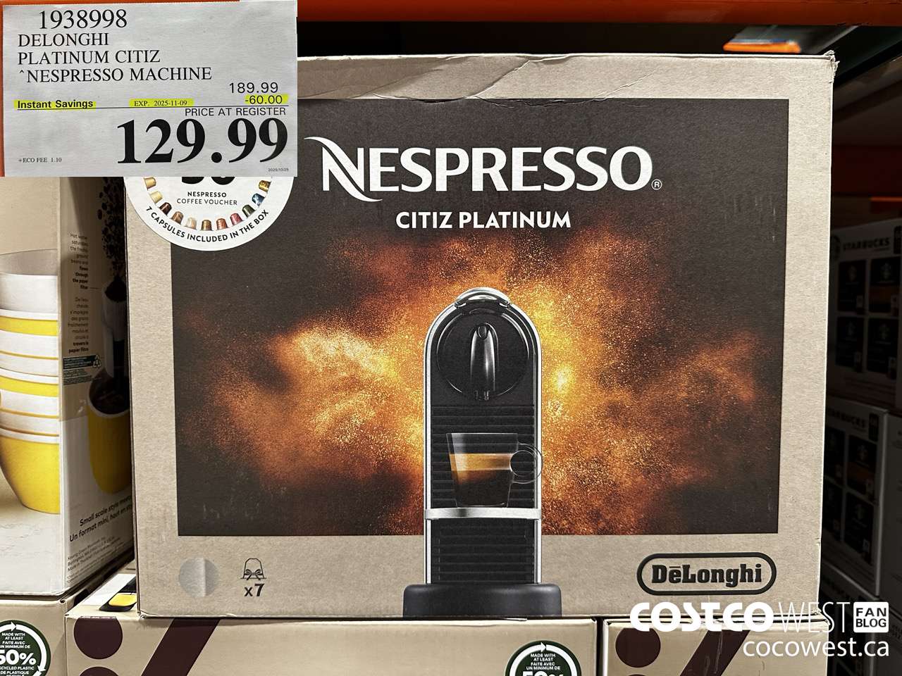 1938998 DELONGHI PLATINUM CITIZ NESPRESSO MACHINE ($60.00 INSTANT SAVINGS EXPIRES ON 2025-11-09) $129.99