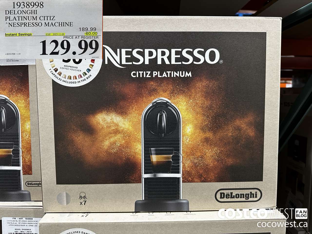 1938998 DELONGHI PLATINUM CITIZ NESPRESSO MACHINE ($60.00 INSTANT SAVINGS EXPIRES ON 2025-11-09) $129.99