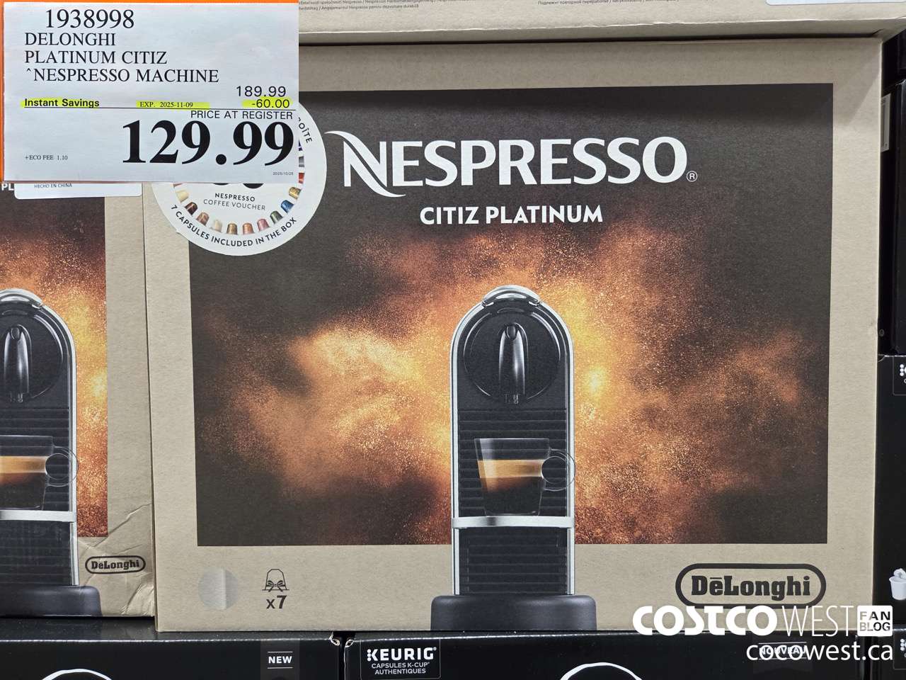 1938998 DELONGHI PLATINUM CITIZ NESPRESSO MACHINE ($60.00 INSTANT SAVINGS EXPIRES ON 2025-11-09) $129.99