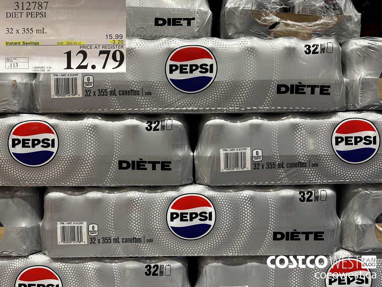 312787 DIET PEPSI 32 X 355 ML ($3.20 INSTANT SAVINGS EXPIRES ON 2025-10-12) $12.79
