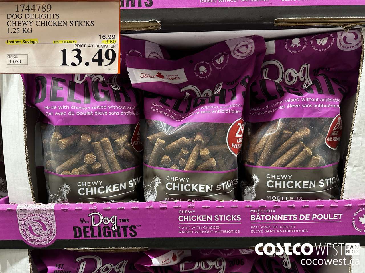 1744789 DOG DELIGHTS CHEWY CHICKEN STICKS 1.25 KG ($3.50 INSTANT SAVINGS EXPIRES ON 2025-10-20) $13.49