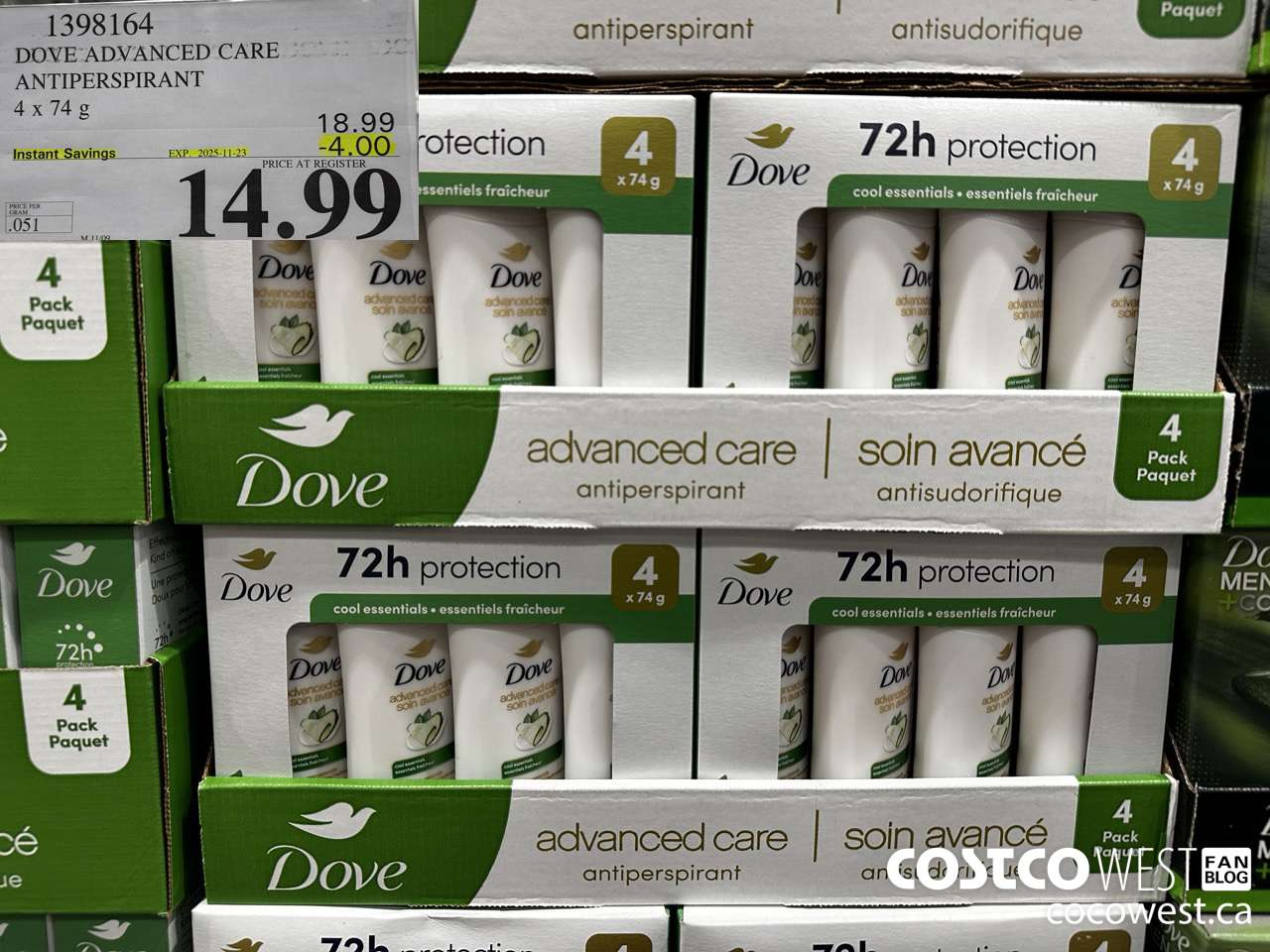 1398164 DOVE ADVANCED CARE ANTIPERSPIRANT 4x74 g ($4.00 INSTANT SAVINGS EXPIRES ON 2025-11-23) $14.99