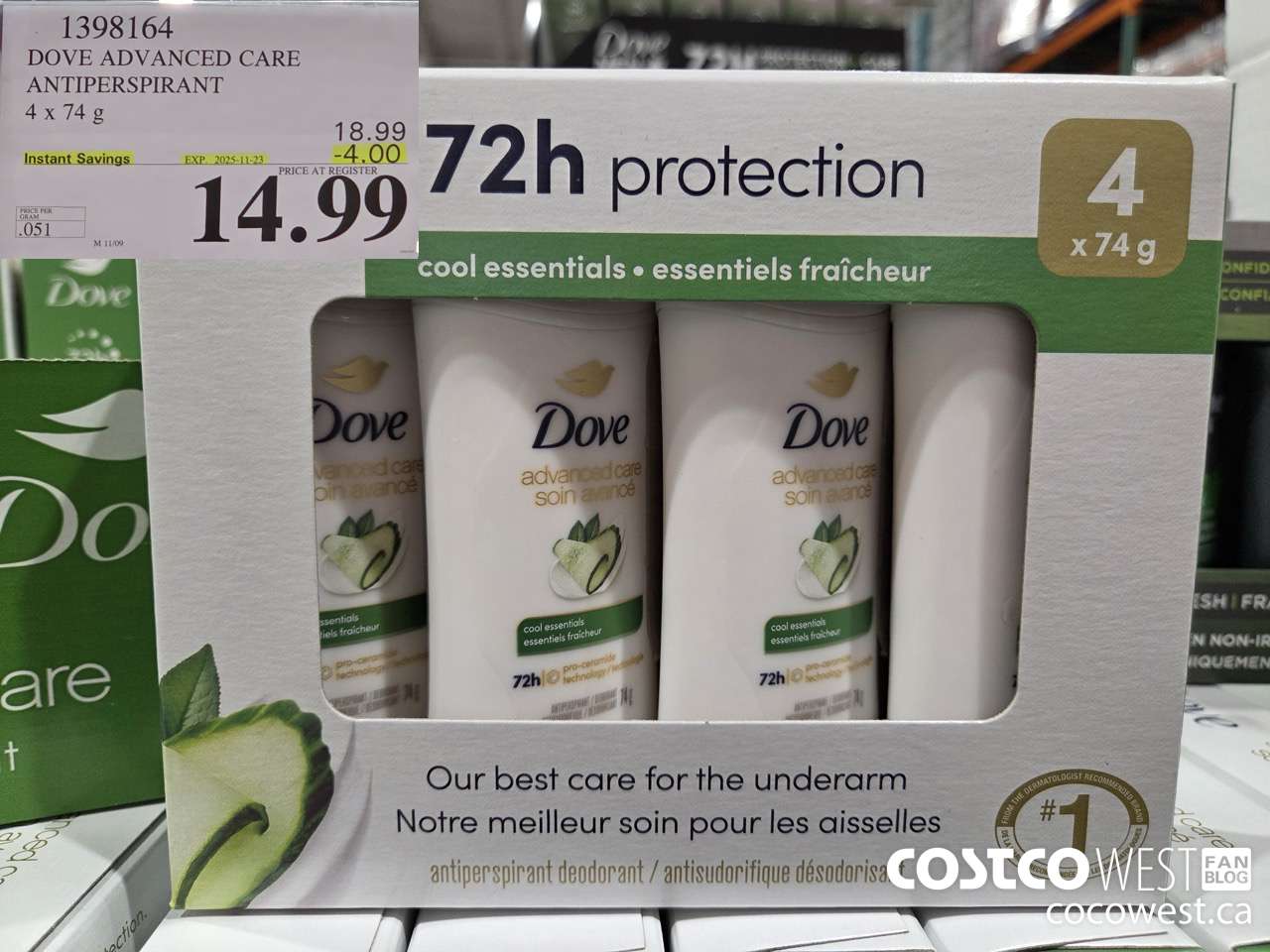1398164 DOVE ADVANCED CARE ANTIPERSPIRANT 4x74 g ($4.00 INSTANT SAVINGS EXPIRES ON 2025-11-23) $14.99