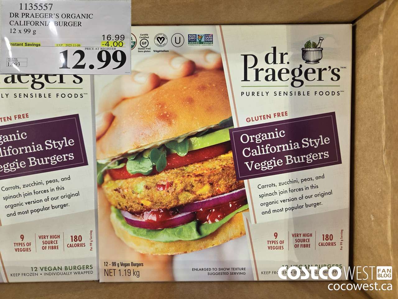 1135557 DR PRAEGER'S ORGANIC CALIFORNIA BURGER 12 x 99 g ($4.00 INSTANT SAVINGS EXPIRES ON 2025-11-09) $12.99