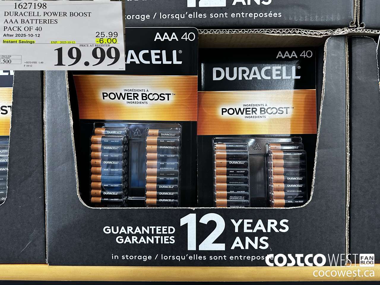 1627198 DURACELL POWER BOOST AAA BATTERIES PACK OF 40 ($6.00 INSTANT SAVINGS EXPIRES ON 2025-10-12) $19.99