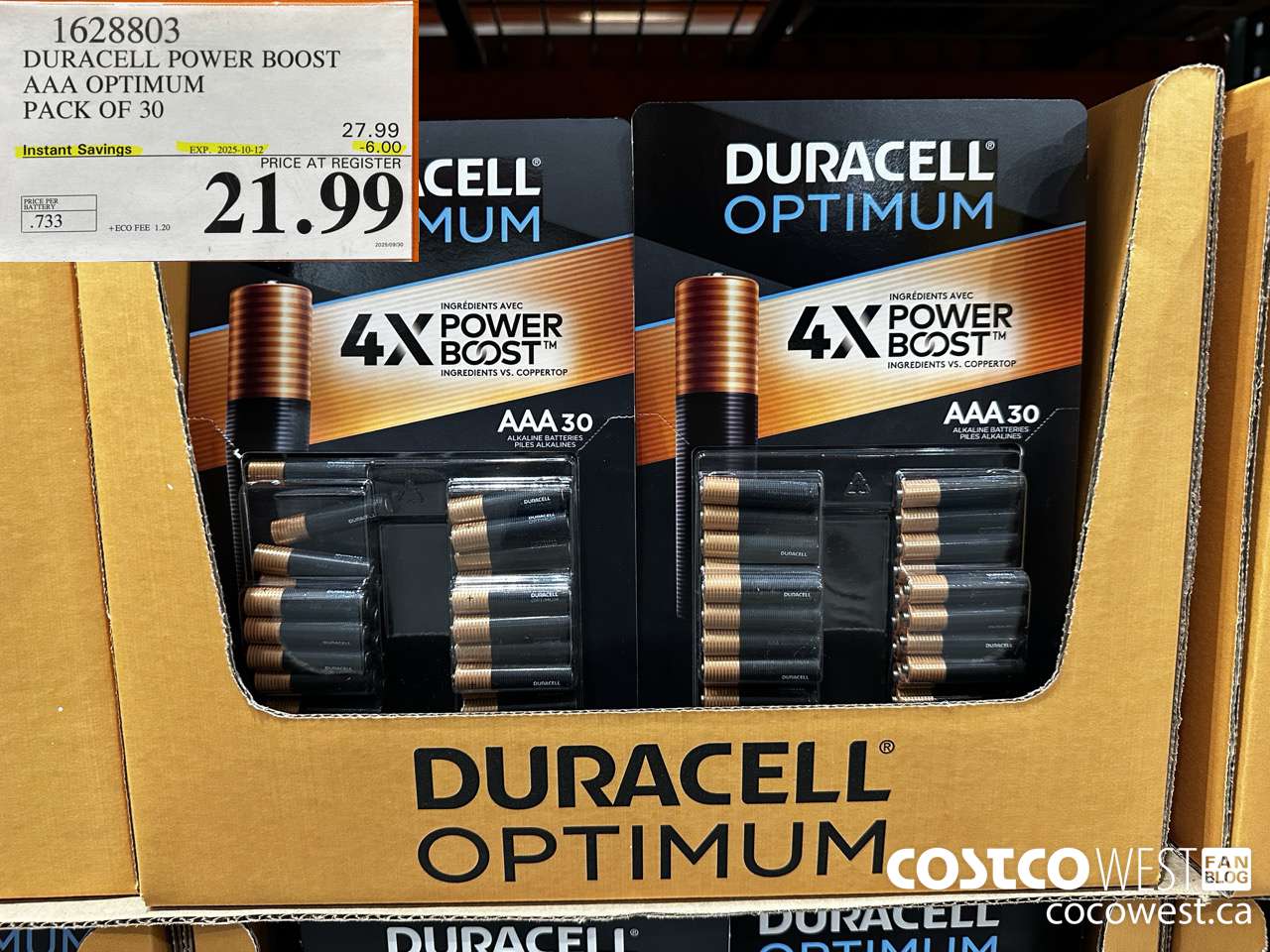 1628803 DURACELL POWER BOOST AAA OPTIMUM PACK OF 30 ($6.00 INSTANT SAVINGS EXPIRES ON 2025-10-12) $21.99