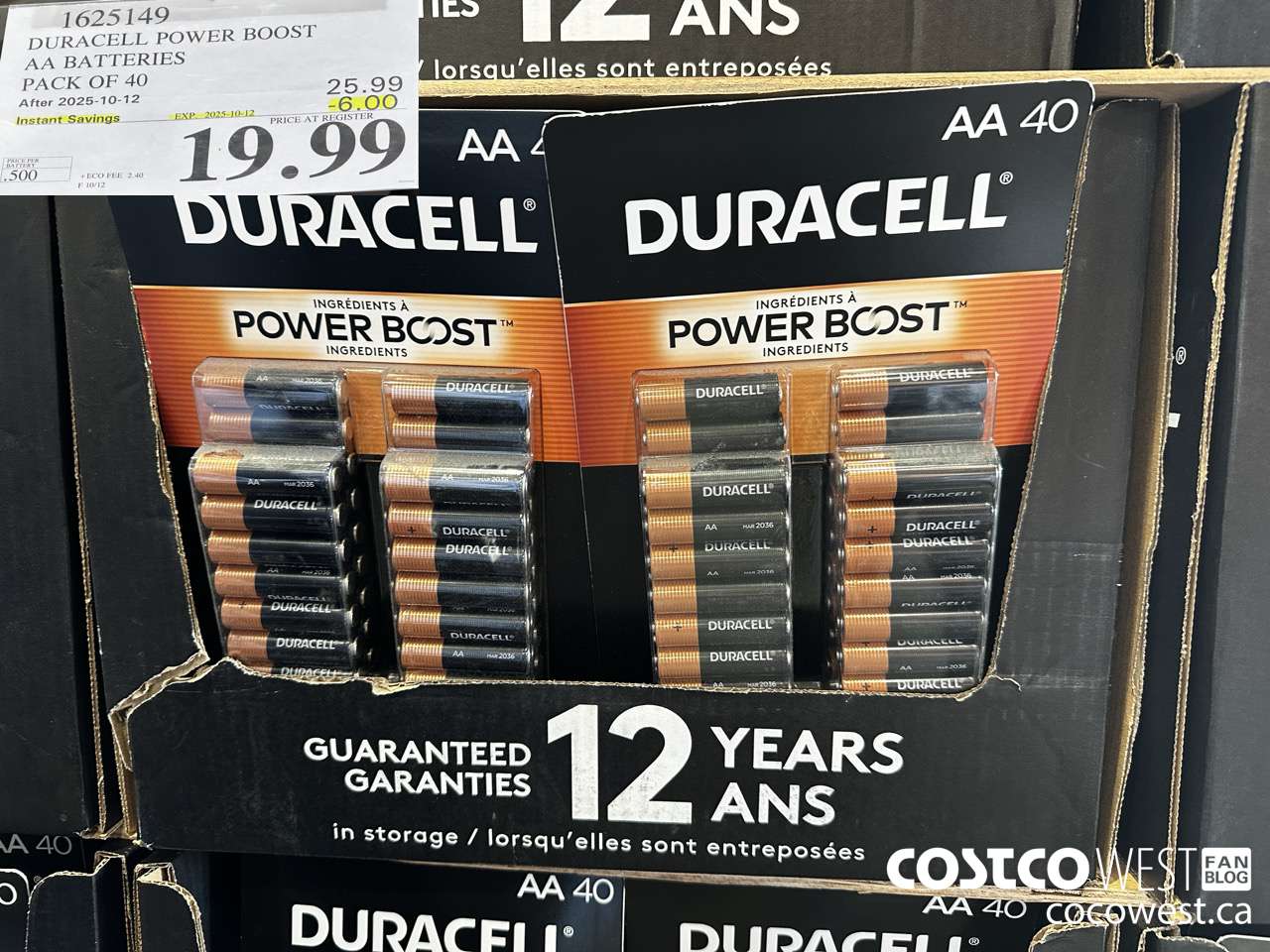 1625149 DURACELL POWER BOOST AA BATTERIES PACK OF 40 ($6.00 INSTANT SAVINGS EXPIRES ON 2025-10-12) $19.99