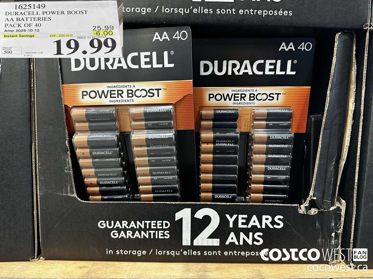 1625149 DURACELL POWER BOOST AA BATTERIES PACK OF 40 ($6.00 INSTANT SAVINGS EXPIRES ON 2025-10-12) $19.99