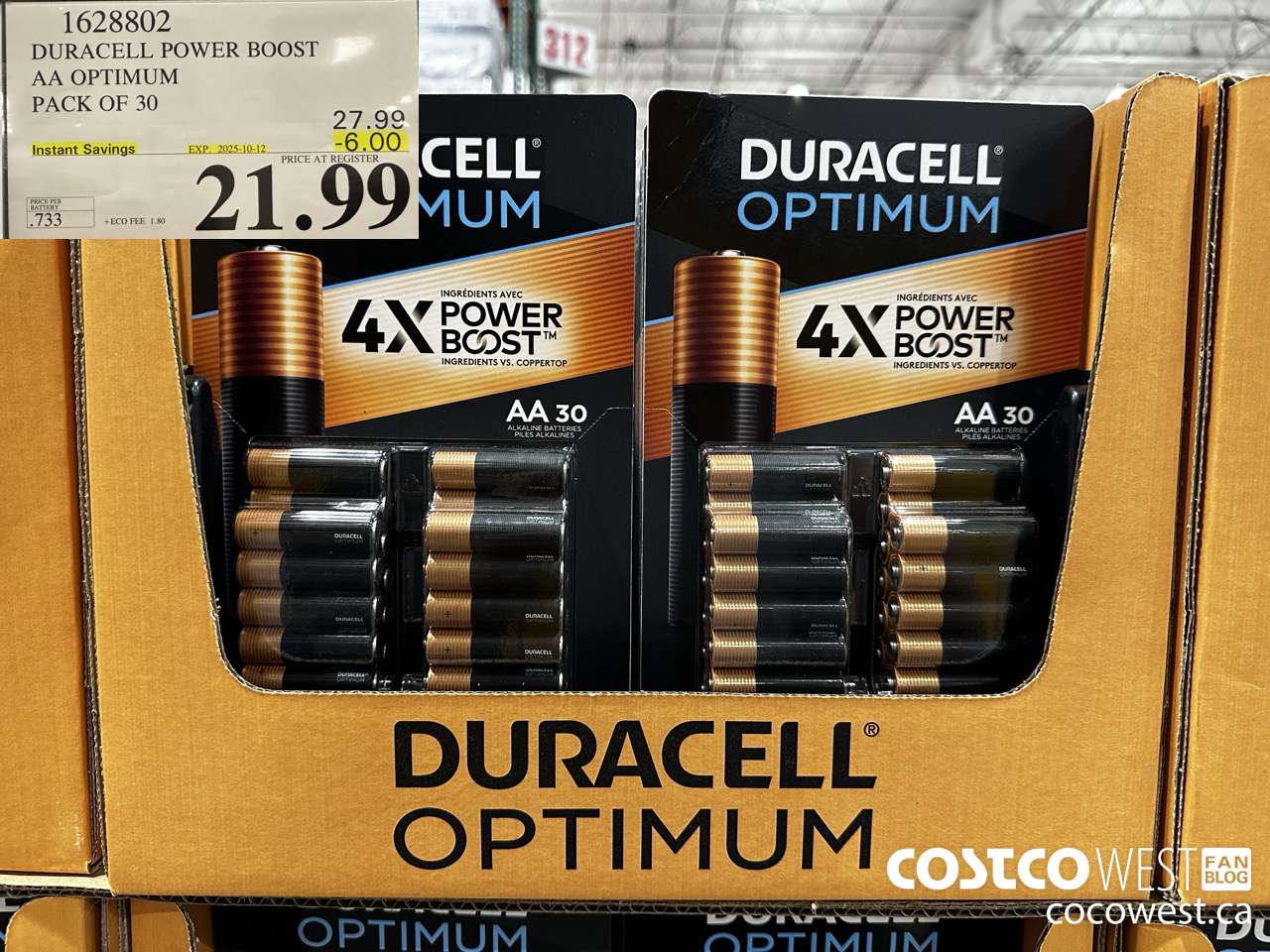 1628802 DURACELL POWER BOOST AA OPTIMUM PACK OF 30 ($6.00 INSTANT SAVINGS EXPIRES ON 2025-10-12) $21.99