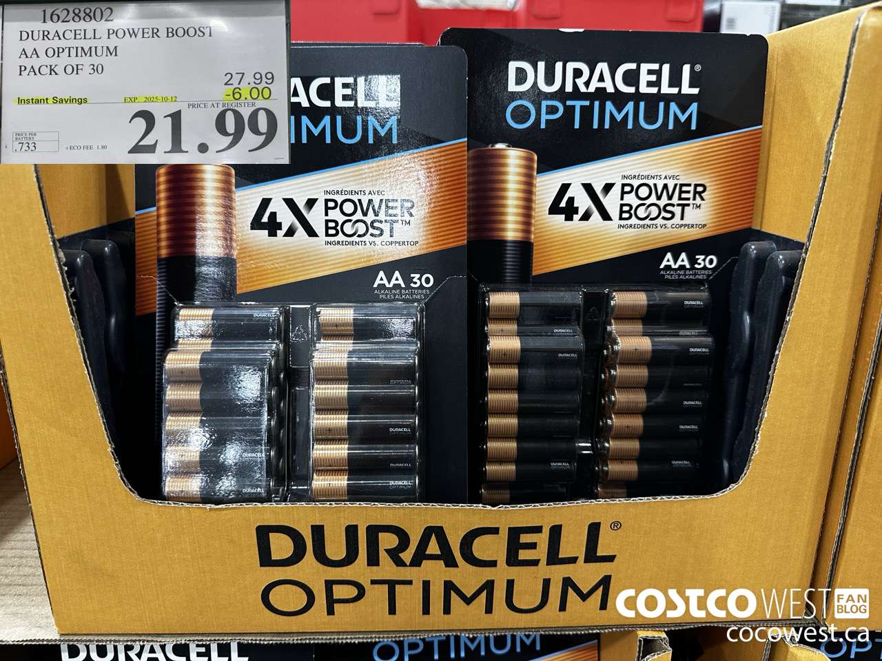 1628802 DURACELL POWER BOOST AA OPTIMUM PACK OF 30 ($6.00 INSTANT SAVINGS EXPIRES ON 2025-10-12) $21.99