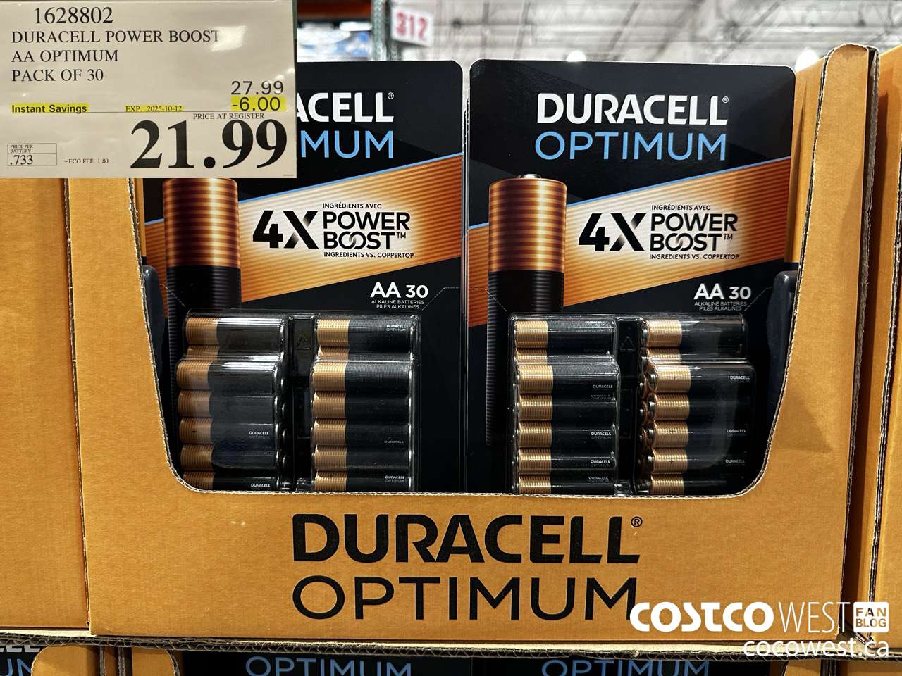1628802 DURACELL POWER BOOST AA OPTIMUM PACK OF 30 ($6.00 INSTANT SAVINGS EXPIRES ON 2025-10-12) $21.99