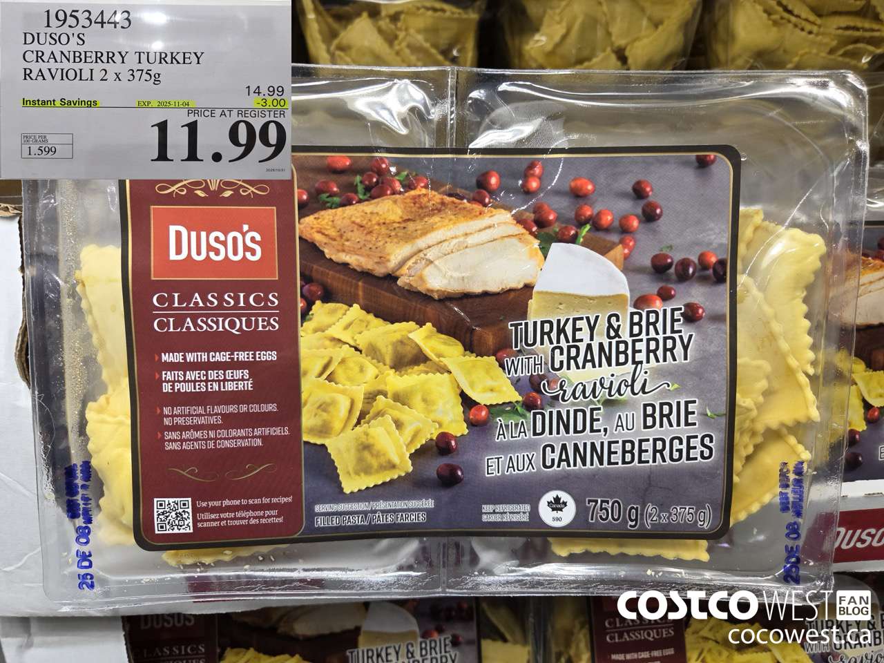 1953443 DUSO'S CRANBERRY TURKEY RAVIOLI 2 X 375G ($3.00 INSTANT SAVINGS EXPIRES ON 2025-11-04) $11.99