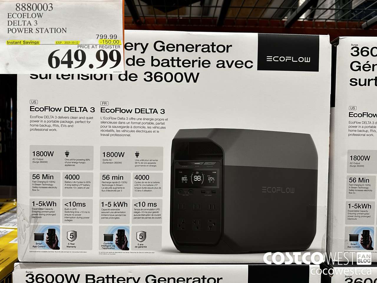 8880003 ECOFLOW DELTA 3 POWER STATION ($150.00 INSTANT SAVINGS EXPIRES ON 2025-10-12) $649.99