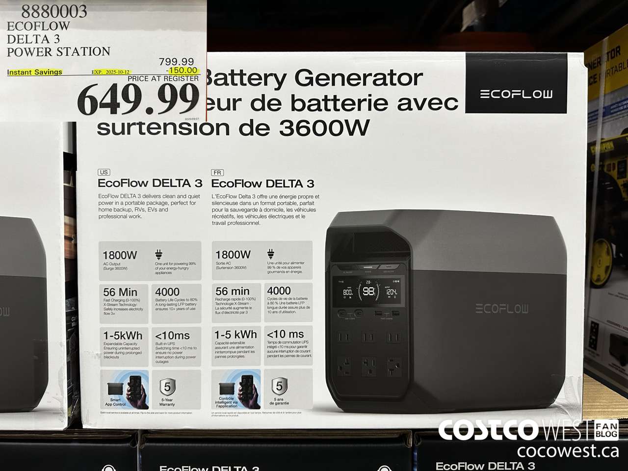 8880003 ECOFLOW DELTA 3 POWER STATION ($150.00 INSTANT SAVINGS EXPIRES ON 2025-10-12) $649.99