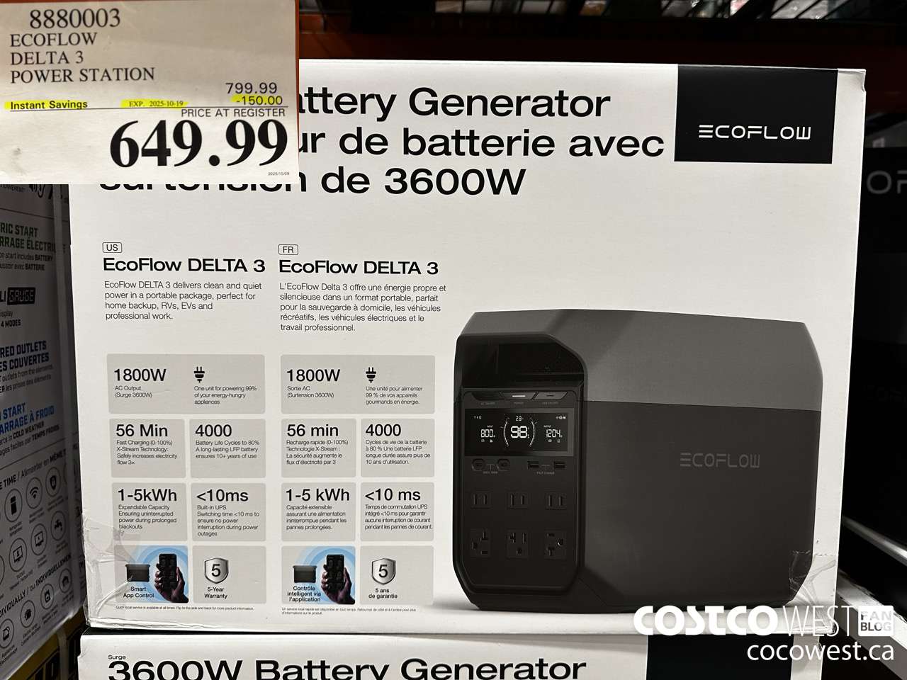 8880003 ECOFLOW DELTA 3 POWER STATION ($150.00 INSTANT SAVINGS EXPIRES ON 2025-10-19) $649.99