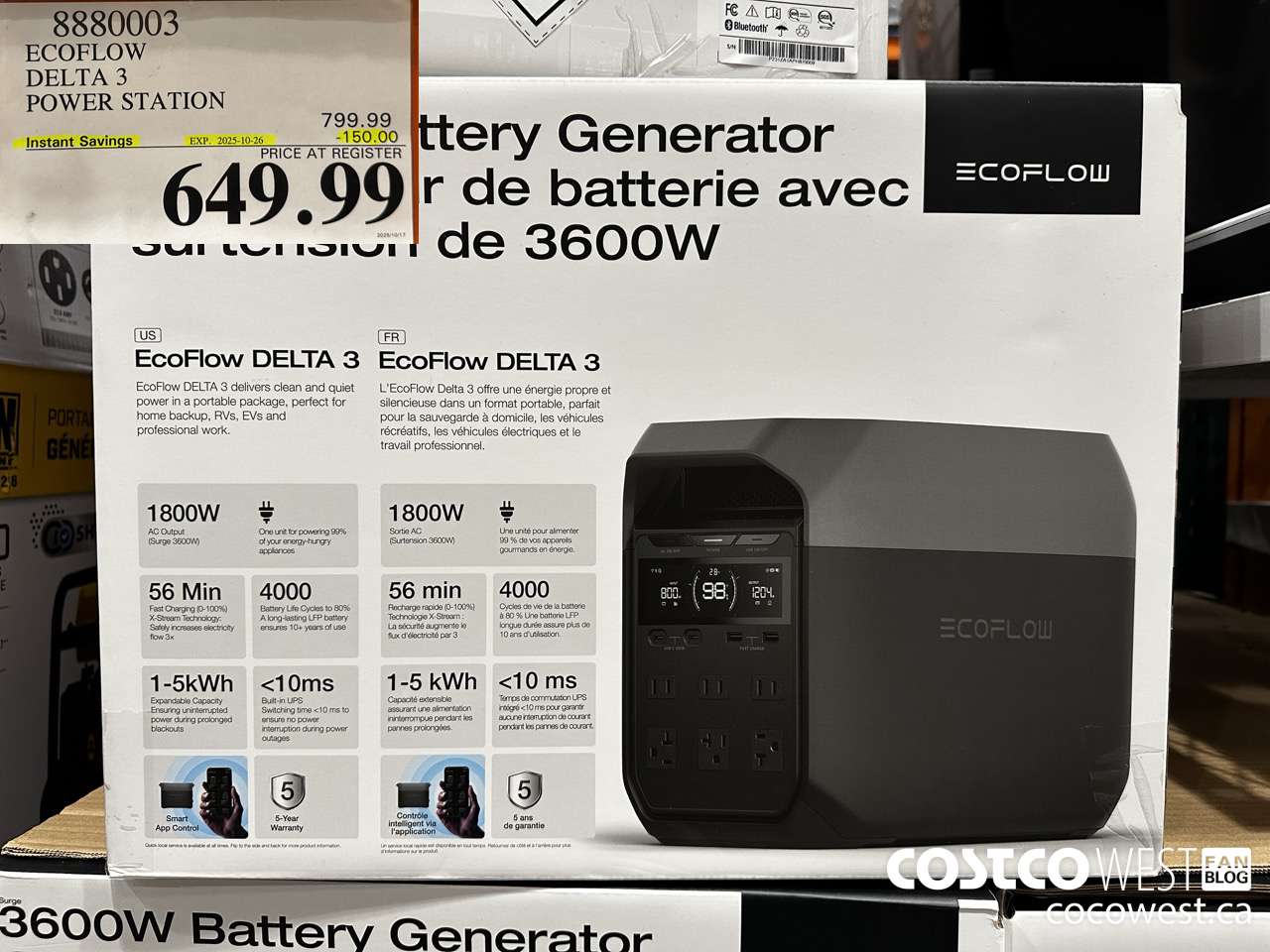 8880003 ECOFLOW DELTA 3 POWER STATION ($150.00 INSTANT SAVINGS EXPIRES ON 2025-10-26) $649.99