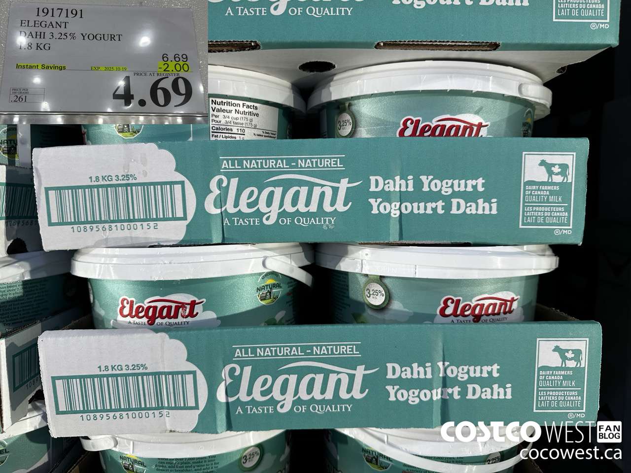1917191 ELEGANT DAHI 3.25% YOGURT 1.8 KG ($2.00 INSTANT SAVINGS EXPIRES ON 2025-10-19) $4.69