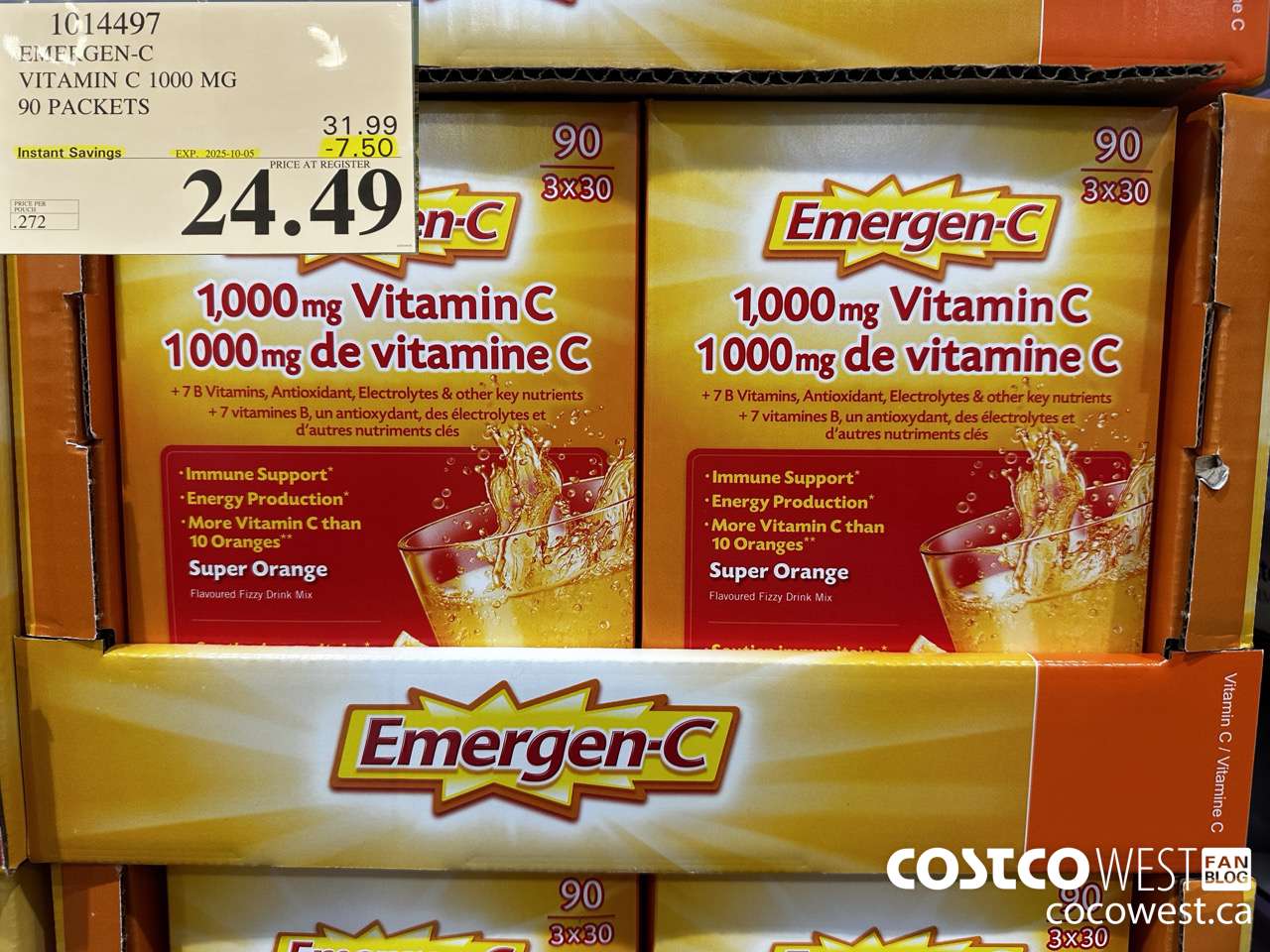 1014497 EMERGEN-C ORANGE VITAMIN C 1000 MG 90 PACKETS ($7.50 INSTANT SAVINGS EXPIRES ON 2025-10-05) $24.49