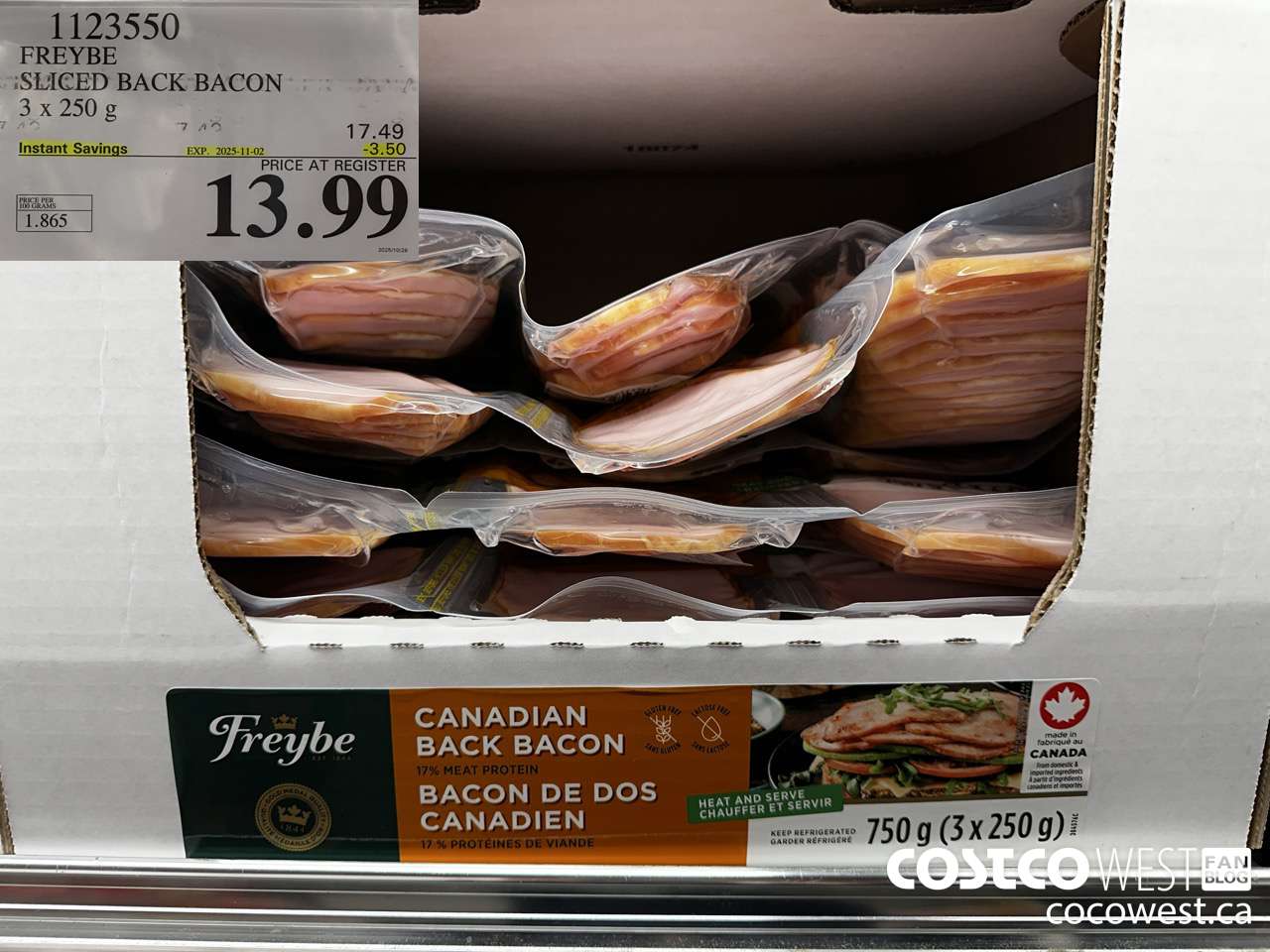 1123550 FREYBE SLICED BACK BACON 3 x 250 g ($3.50 INSTANT SAVINGS EXPIRES ON 2025-11-02) $13.99