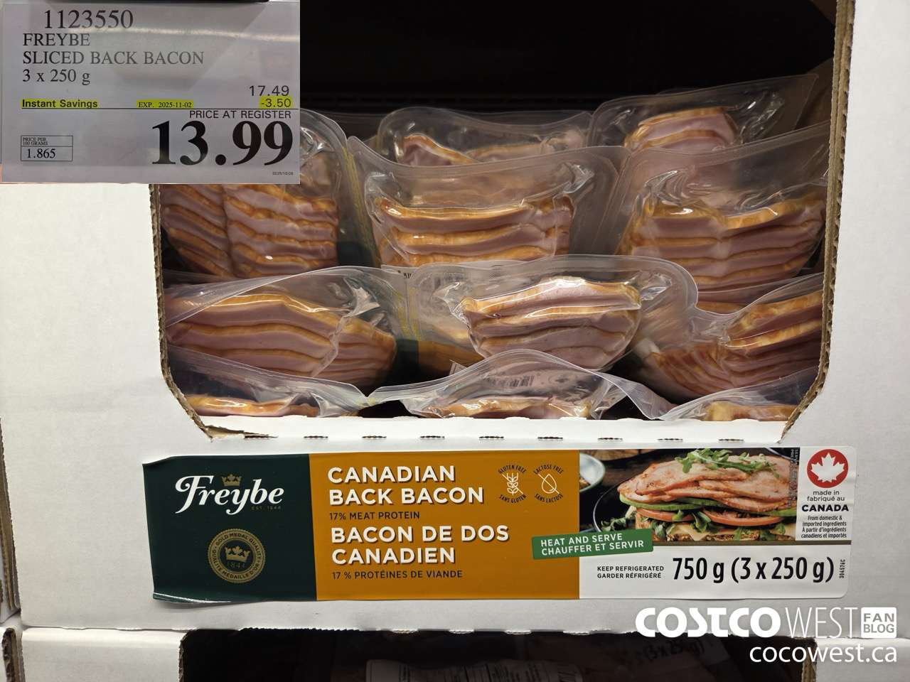 1123550 FREYBE SLICED BACK BACON 3 x 250 g ($3.50 INSTANT SAVINGS EXPIRES ON 2025-11-02) $13.99