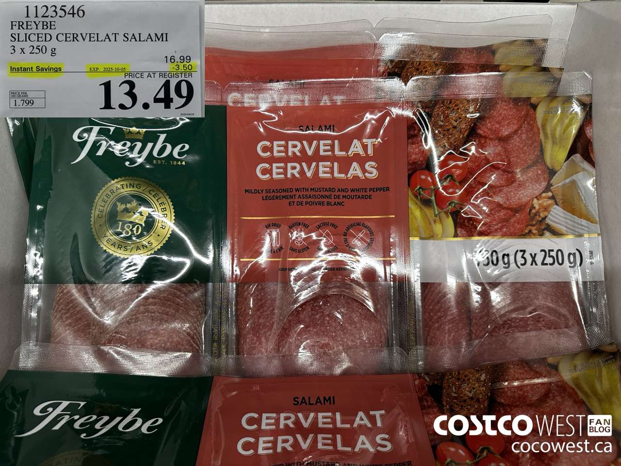 1123546 FREYBE SLICED CERVELAT SALAMI 3 x 250 g ($3.50 INSTANT SAVINGS EXPIRES ON 2025-10-05) $13.49